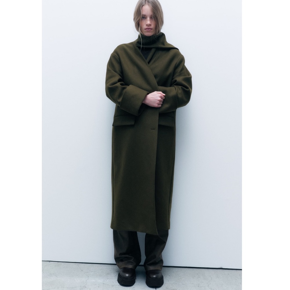 Viral Zara Coat with Scarf Wool, Olive Green. Sz xs/s - Picture 10 of 16